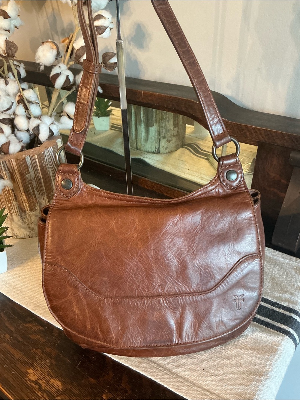 Frye Melissa Leather Saddle Bag Crossbody Shoulder Bag Cognac Brown Retail $378 - Picture 6 of 15
